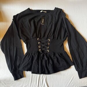 Express Black Ribbed Corset Lace Up Peplum Sweatshirt Long Sleeve Women S